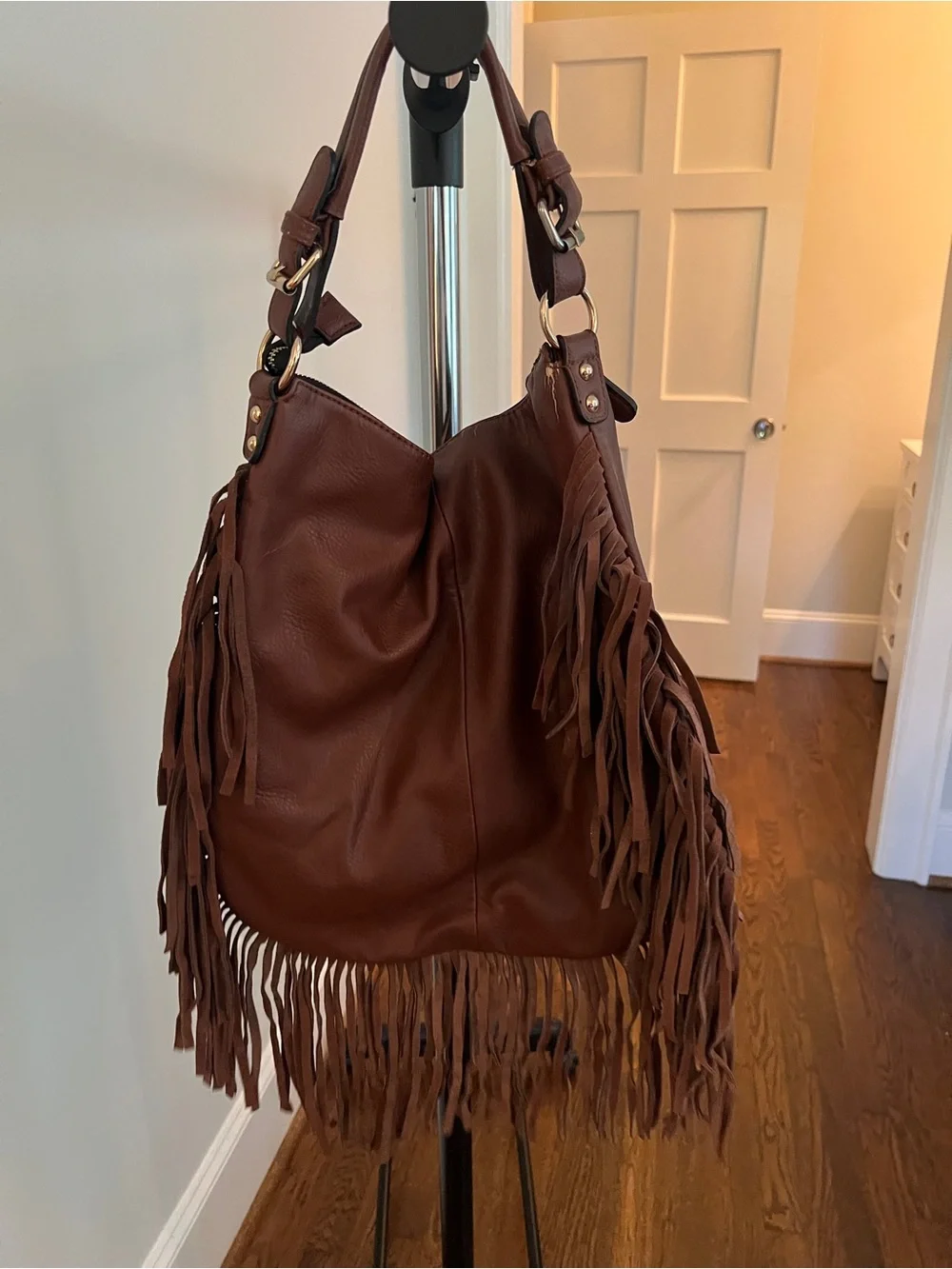 Fringe Hobo Shoulder Bag in Brown